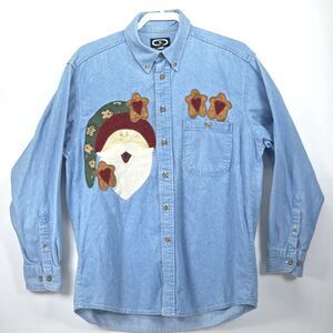 Vintage Three Rivers Denim Shirt‎ Womens Medium Embroidered Santa Cabincore Mom